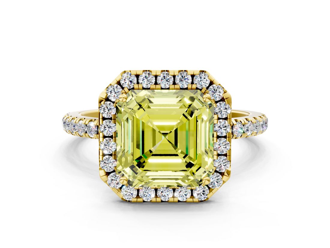 Yellow gold Fancy Yellow Asscher  Halo Round Diamond Pavé Band Four-Prong Ring_3