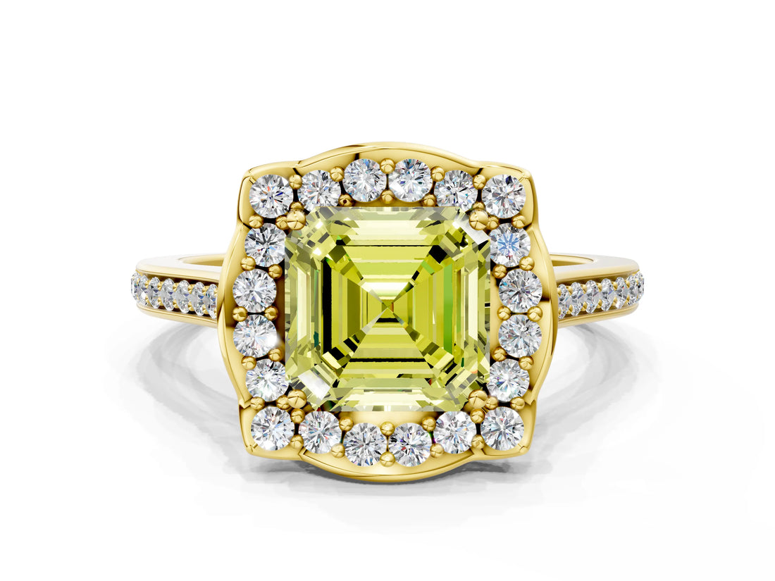 Yellow gold Fancy Yellow Asscher  Halo Round Diamond Pave Band with Four-Prong Setting_57
