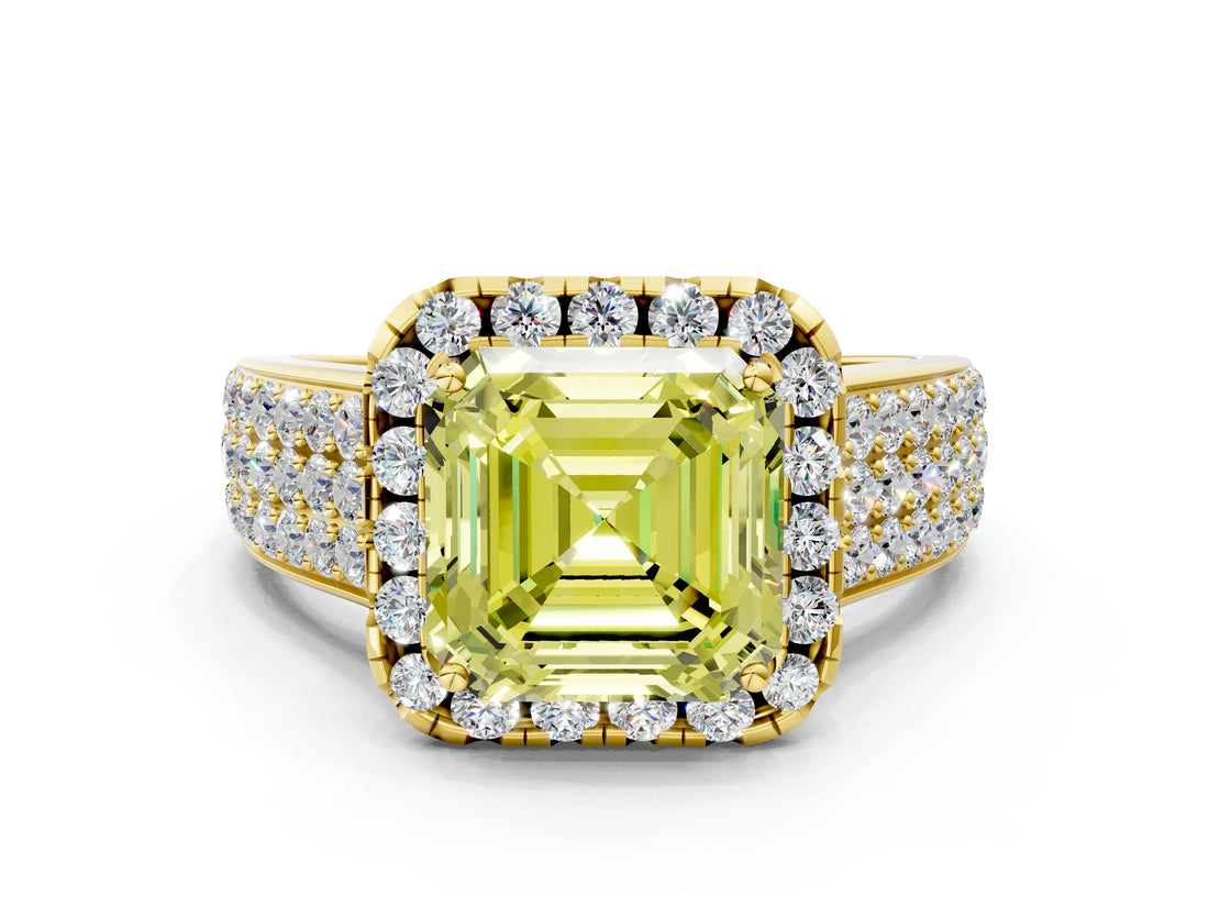Yellow gold Fancy Yellow Asscher  Halo Round Diamond Pave Band with Prong Setting