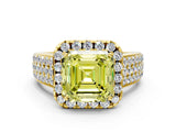 Yellow gold Fancy Yellow Asscher  Halo Round Diamond Pave Band with Prong Setting