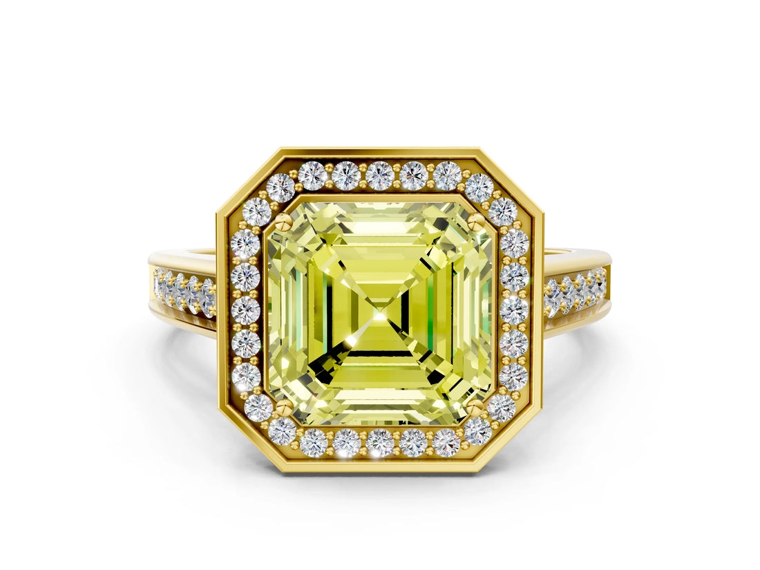 Yellow gold Fancy Yellow Asscher  Halo Solitaire Diamond Ring with Pave Band and Bezel Setting_45