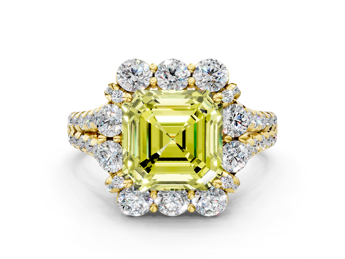 Yellow gold Fancy Yellow Asscher  Halo Split Shank Diamond Engagement Ring with Pave Band and Four-Prong Setting_17