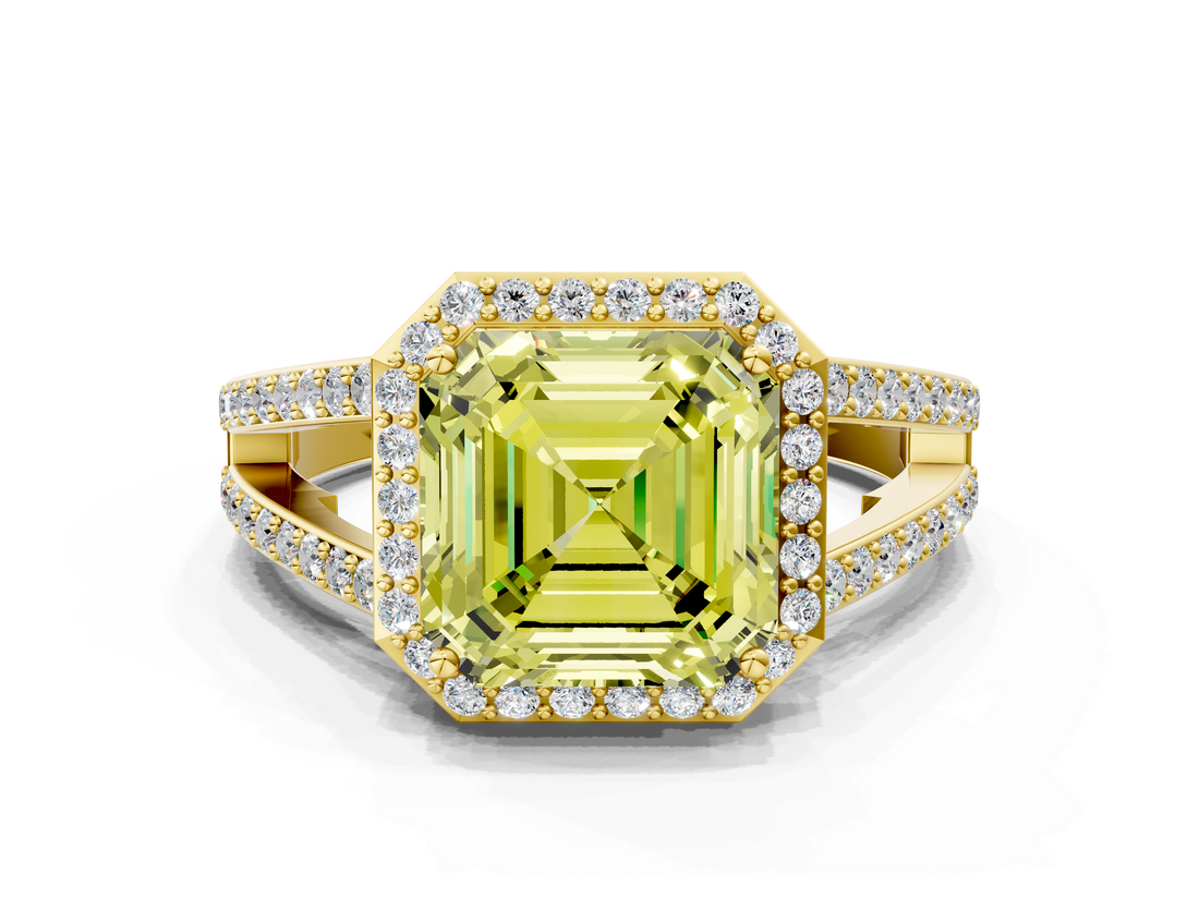 Yellow gold Fancy Yellow Asscher  Halo Split Shank Diamond Ring with Four-Prong Setting_17
