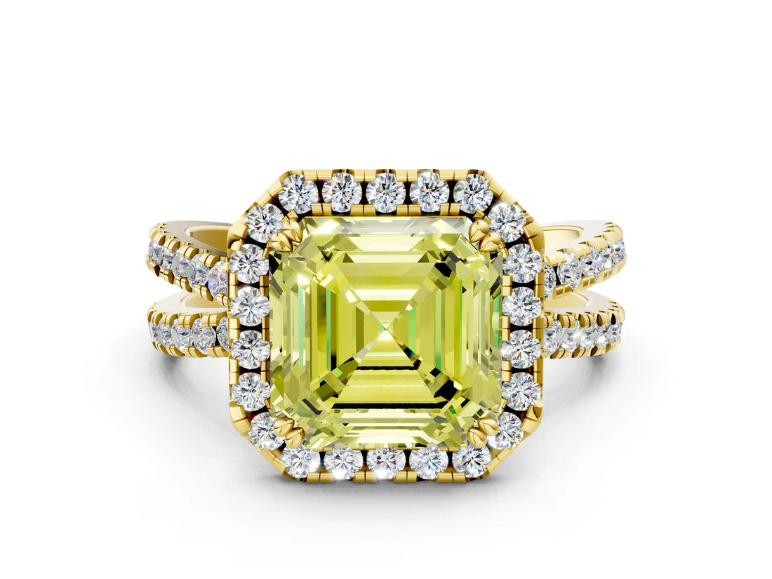 Yellow gold Fancy Yellow Asscher  Halo Split Shank Diamond Ring with Pavé Setting_42