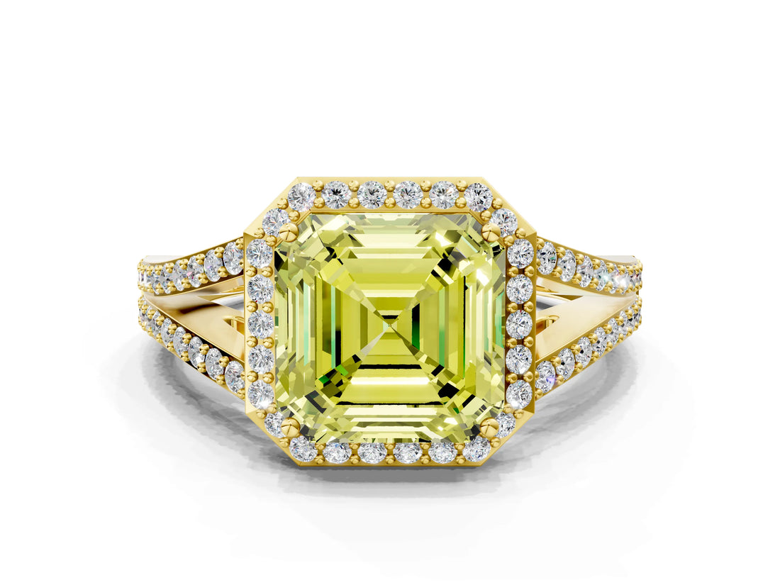 Yellow gold Fancy Yellow Asscher  Halo Split Shank Pave Diamond Ring with Four-Prong Setting_46