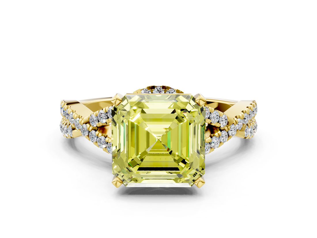 Yellow gold Fancy Yellow Asscher  Halo Twist Band Solitaire Prong Setting Ring