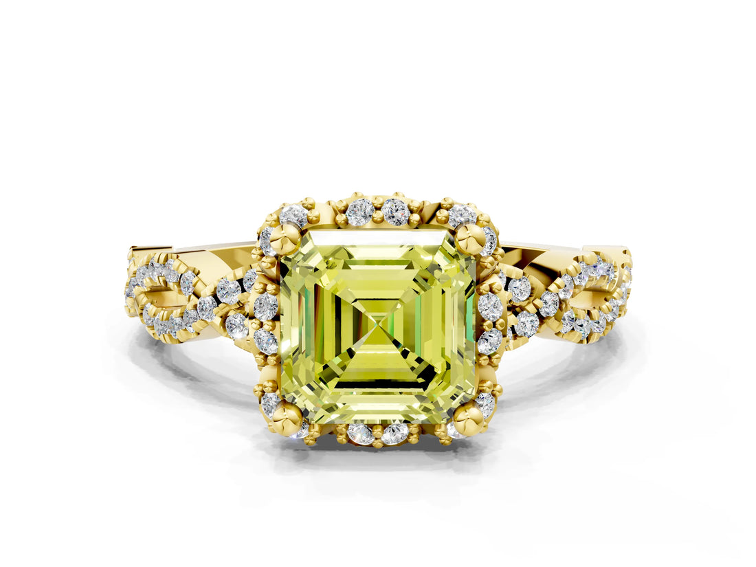 Yellow gold Fancy Yellow Asscher  Halo Twist Band Solitaire Ring with Six-Prong Setting_32