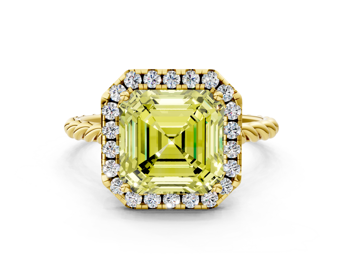 Yellow gold Fancy Yellow Asscher  Halo Twisted Band Four-Prong Diamond Ring