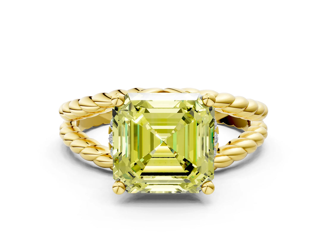 Yellow gold Fancy Yellow Asscher  Halo Twisted Band Four-Prong Ring_32