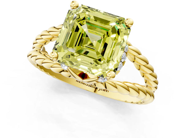 Yellow Gold Asscher Cut Engagement Ring Setting for Fancy Yellow Center with Rope Split Shank