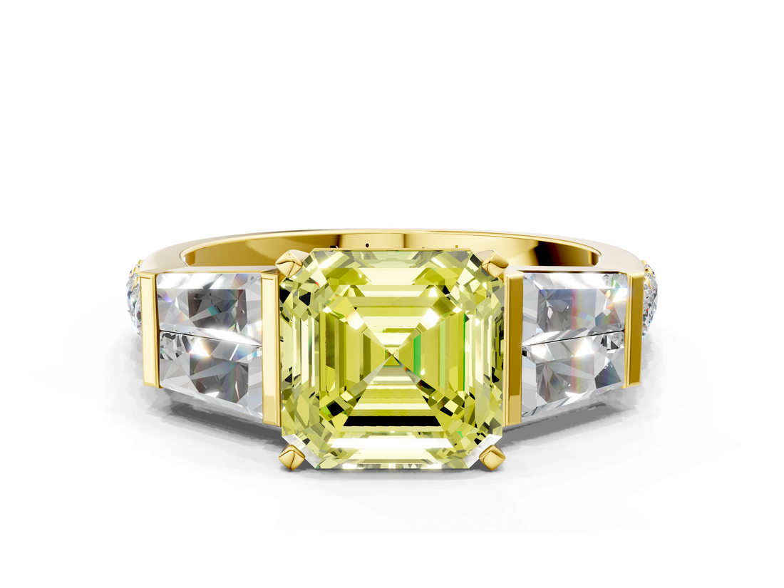 Yellow gold Fancy Yellow Asscher  Solitaire Baguette Side Stone Channel Set Engagement Ring