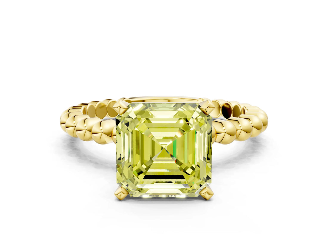 Yellow gold Fancy Yellow Asscher  Solitaire Beaded Band Prong Setting Ring