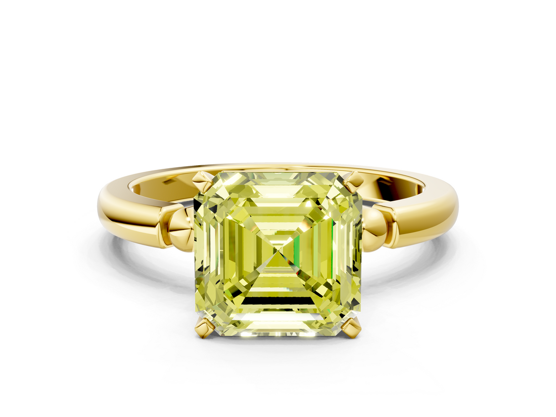 Yellow gold Fancy Yellow Asscher  Solitaire Beaded Band with Four-Prong Setting