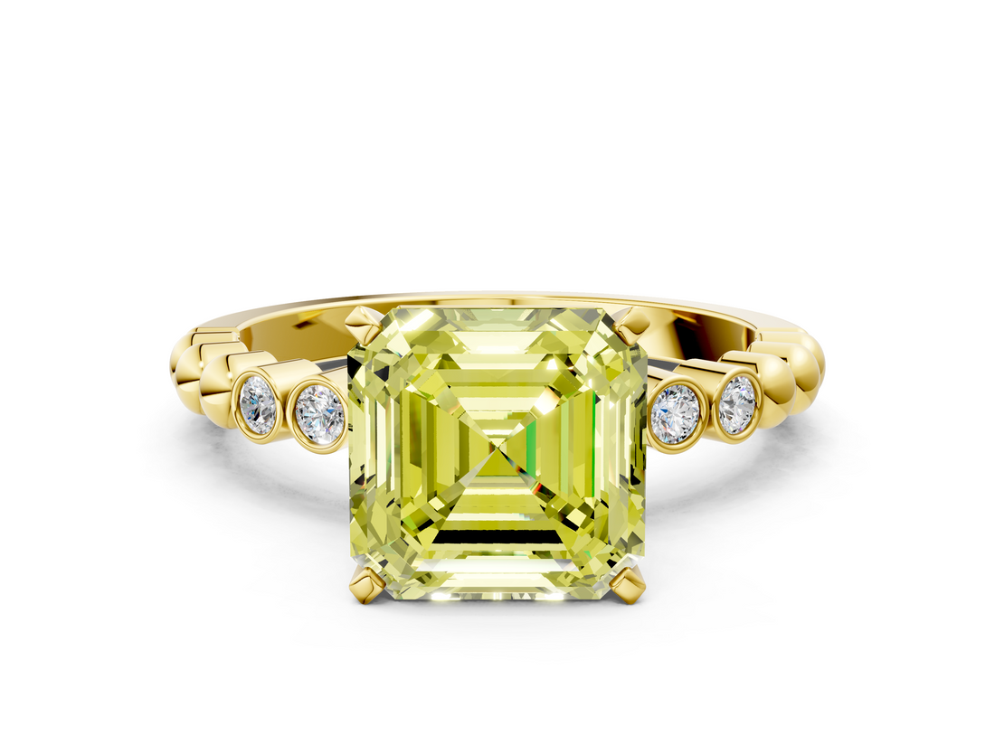 Yellow gold Fancy Yellow Asscher  Solitaire Bezel Accent Diamond Engagement Ring with Beaded Band and Four-Prong Setting