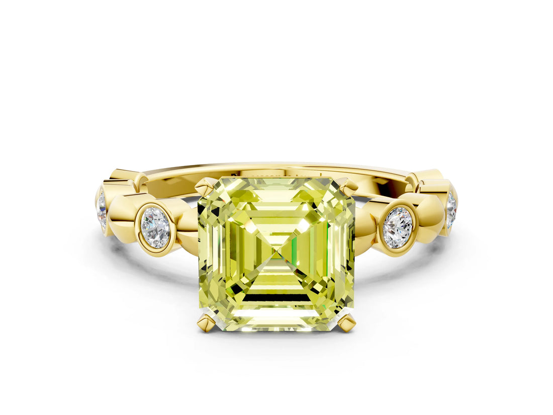 Yellow gold Fancy Yellow Asscher  Solitaire Bezel-Set Diamond Ring with Beaded Band and Four-Prong Setting_49