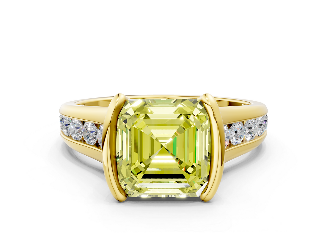 Yellow gold Fancy Yellow Asscher  Solitaire Bezel-Set Diamond Ring with Channel-Set Band_18