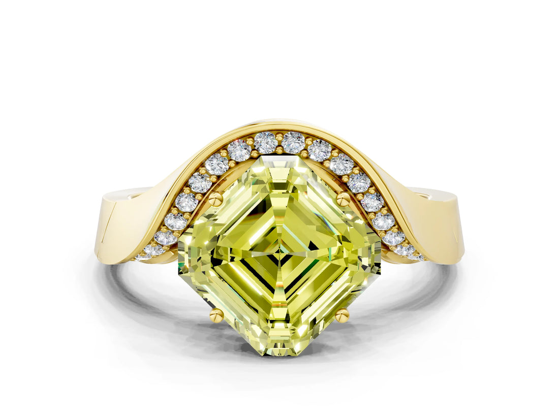 Yellow gold Fancy Yellow Asscher  Solitaire Diamond Engagement Ring with Pave Band and Four-Prong Setting 1