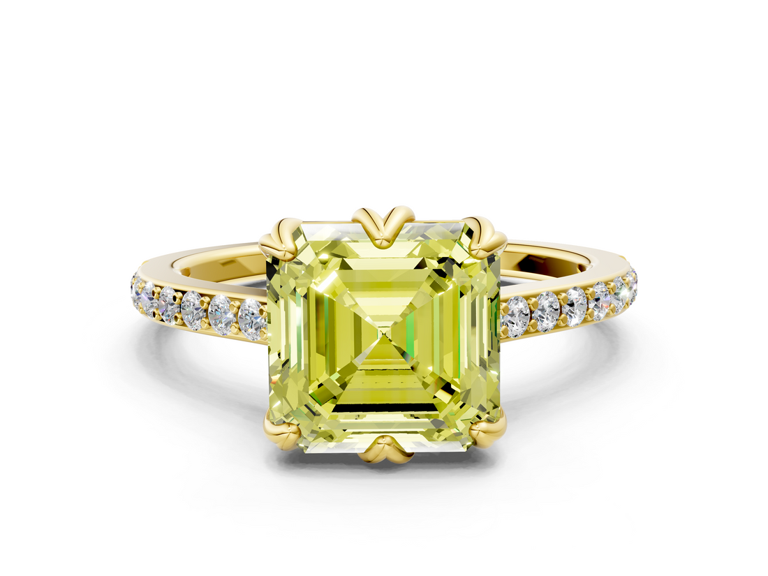 Yellow gold Fancy Yellow Asscher  Solitaire Diamond Engagement Ring with Pave Band and Six-Prong Setting