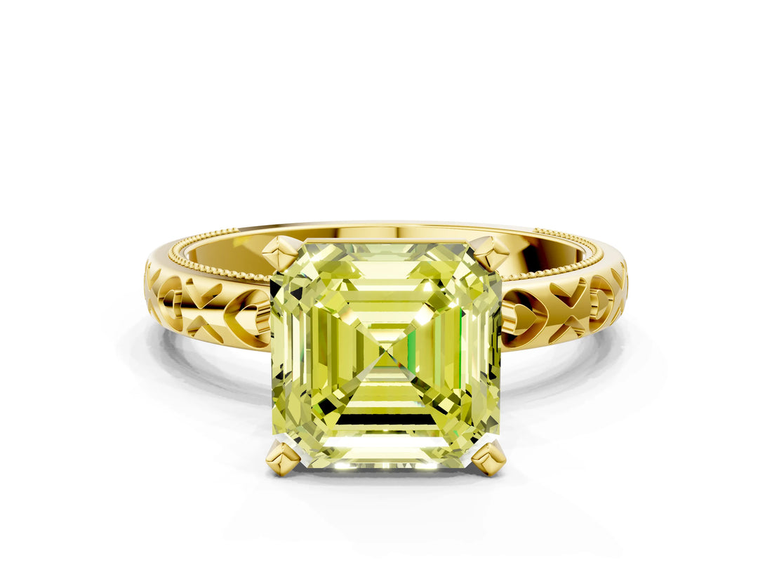 Yellow gold Fancy Yellow Asscher  Solitaire Diamond Engagement Ring with XO Engraved Band and Four-Prong Setting