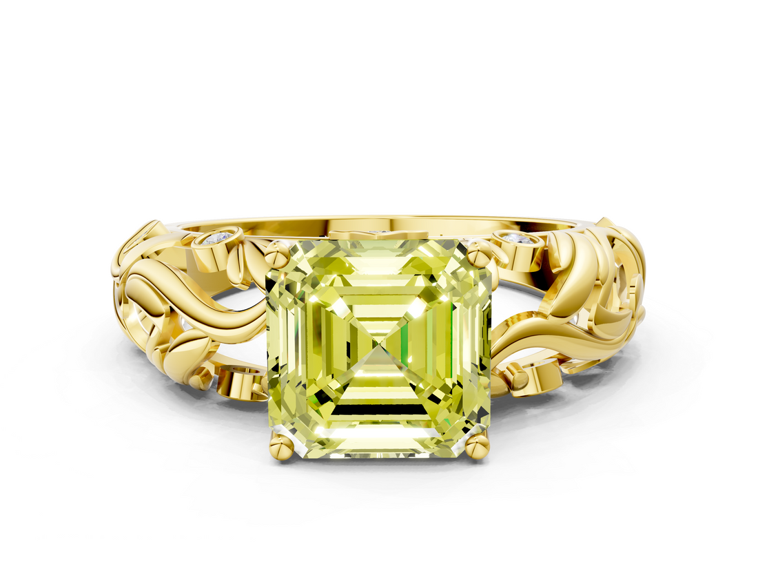 Yellow gold Fancy Yellow Asscher  Solitaire Diamond Leaf Vine Band with Prong Setting_17