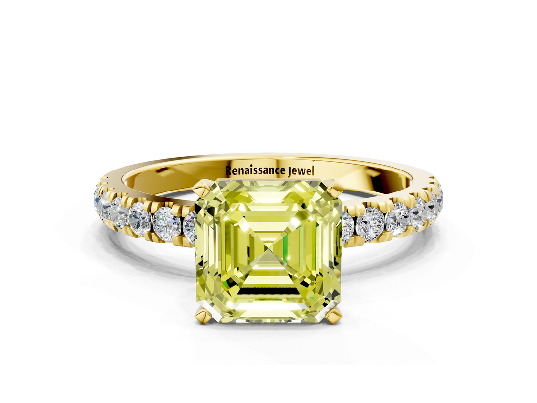 Yellow gold Fancy Yellow Asscher  Solitaire Diamond Pavé Band with Four-Prong Setting
