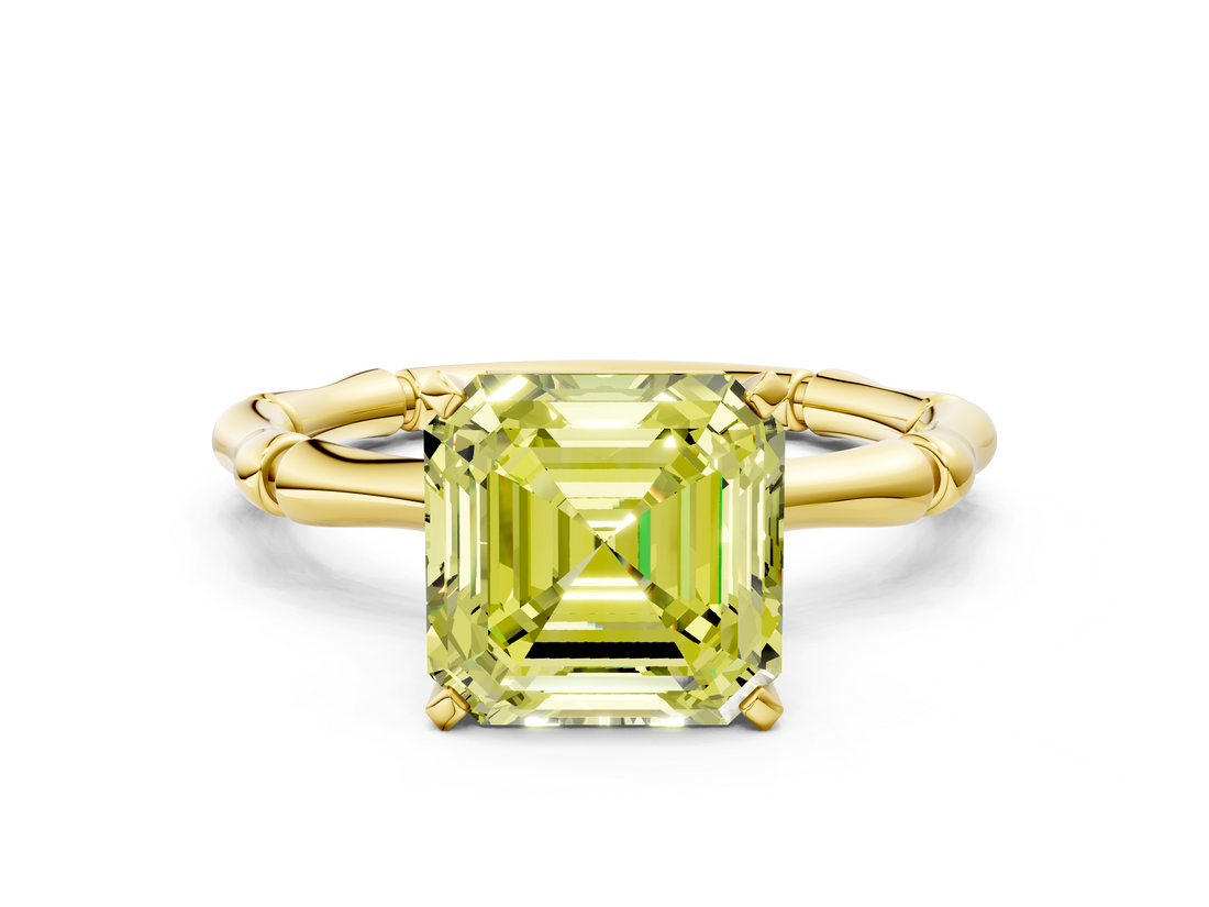 Yellow gold Fancy Yellow Asscher  Solitaire Diamond Ring with Bamboo Band and Four-Prong Setting_16