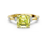 Yellow gold Fancy Yellow Asscher  Solitaire Diamond Ring with Bezel Set Side Stones and Prong Setting