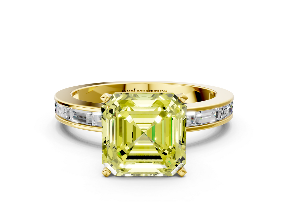 Yellow gold Fancy Yellow Asscher  Solitaire Diamond Ring with Channel-Set Baguette Band and Four-Prong Setting_17