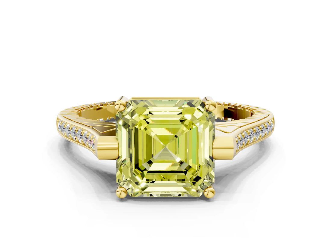 Yellow gold Fancy Yellow Asscher  Solitaire Diamond Ring with Channel Set Band and Bezel Prong Setting_56