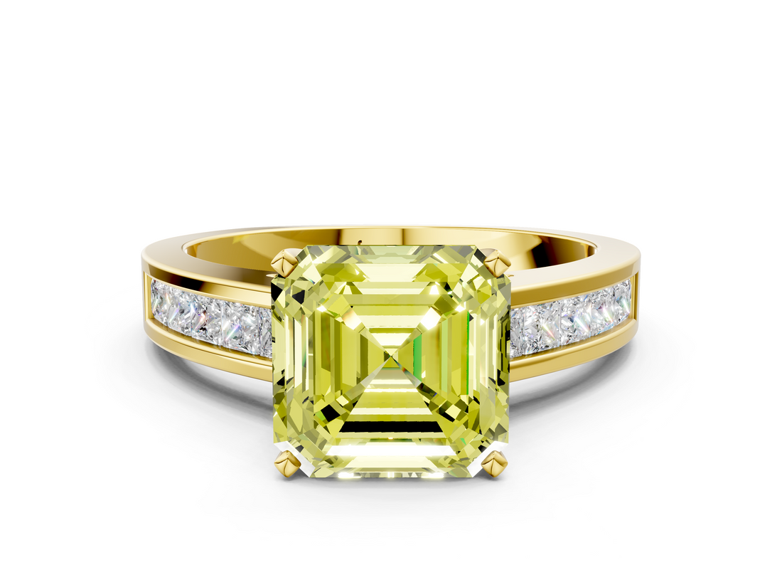 Yellow gold Fancy Yellow Asscher  Solitaire Diamond Ring with Channel-Set Band and Four-Prong Setting_19