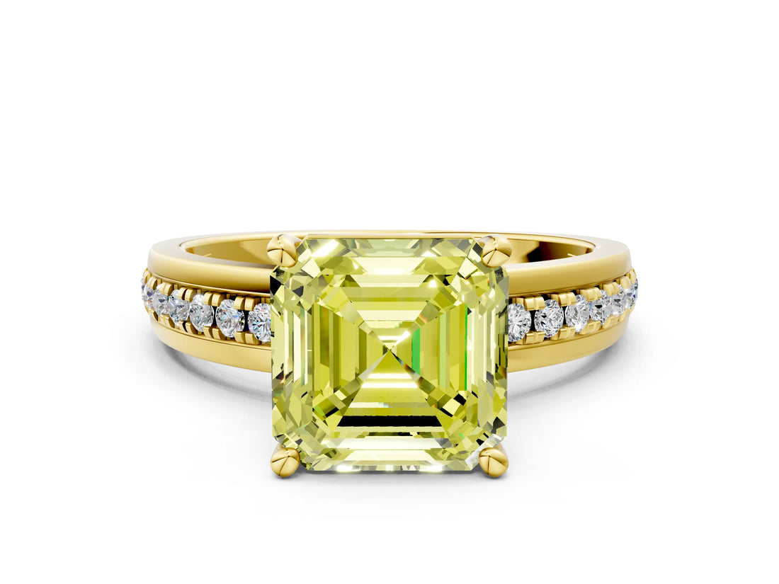 Yellow gold Fancy Yellow Asscher  Solitaire Diamond Ring with Channel Set Band and Six-Prong Setting_46