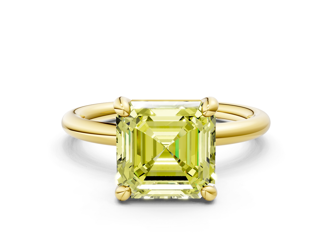Yellow gold Fancy Yellow Asscher  Solitaire Diamond Ring with Four-Prong Setting on a Plain Band_20