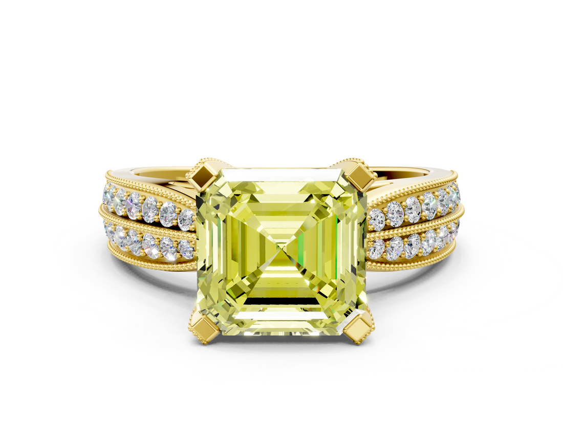 Yellow gold Fancy Yellow Asscher  Solitaire Diamond Ring with Milgrain Pavé Band and Four-Prong Setting_54