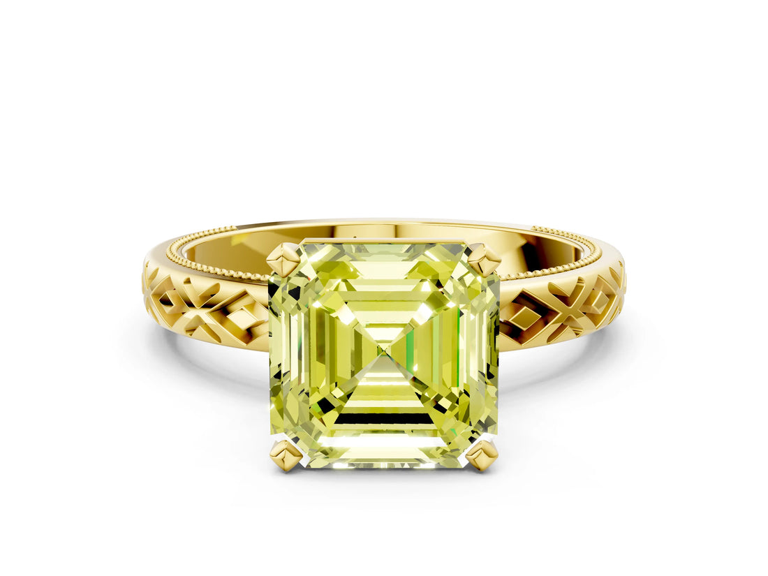 Yellow gold Fancy Yellow Asscher  Solitaire Diamond Ring with Milgrain and Black Enamel X Pattern Band_46