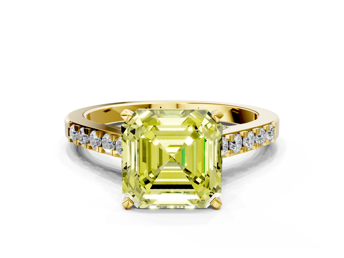 Yellow gold Fancy Yellow Asscher  Solitaire Diamond Ring with Pavé Band and Four-Prong Setting
