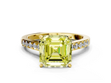 Yellow gold Fancy Yellow Asscher  Solitaire Diamond Ring with Pavé Band and Four-Prong Setting