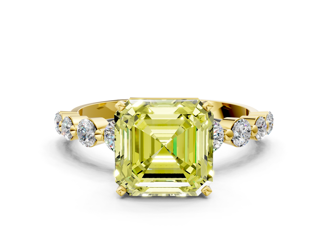 Yellow gold Fancy Yellow Asscher  Solitaire Diamond Ring with Pave Band and Four-Prong Setting_17