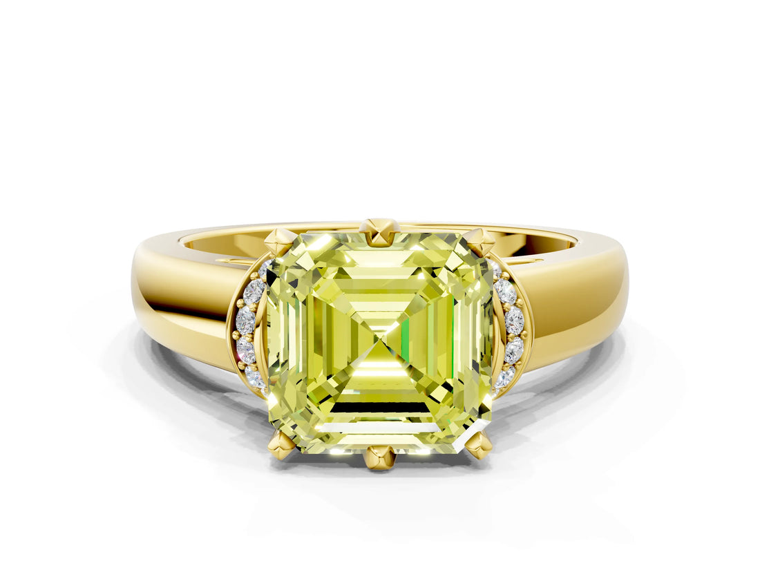 Yellow gold Fancy Yellow Asscher  Solitaire Diamond Ring with Pave Band and Six-Prong Setting_63