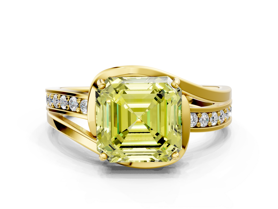 Yellow gold Fancy Yellow Asscher  Solitaire Diamond Ring with Split Shank and Prong Setting