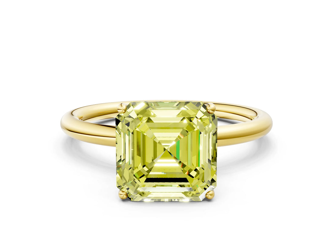 Yellow gold Fancy Yellow Asscher  Solitaire Diamond Ring with a Classic Band and Four-Prong Setting 1