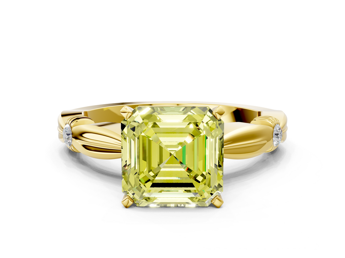 Yellow gold Fancy Yellow Asscher  Solitaire Diamond Twisted Band with Four-Prong Setting