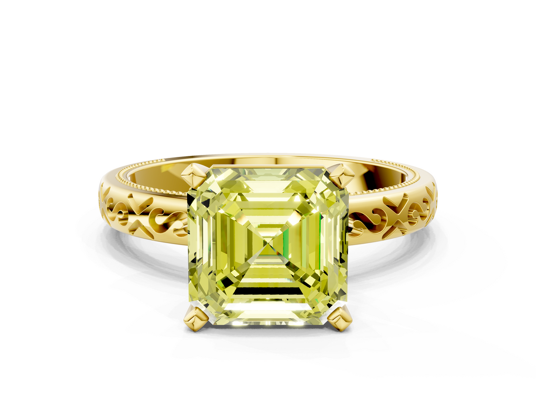 Yellow gold Fancy Yellow Asscher  Solitaire Engagement Ring with Scrollwork Band and Four-Prong Setting_17