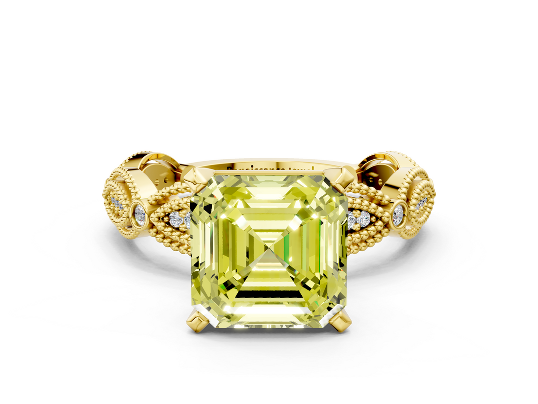 Yellow gold Fancy Yellow Asscher  Solitaire Milgrain Diamond Engagement Ring with Bezel and Marquise Band