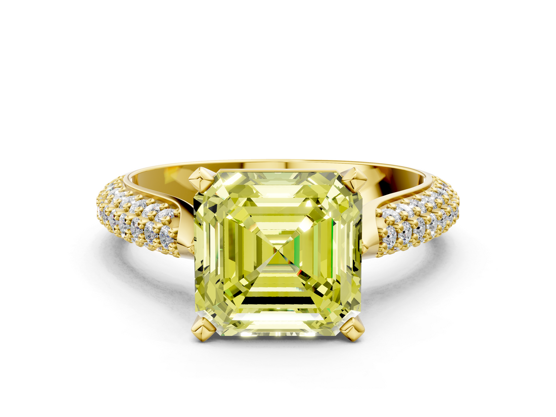 Yellow gold Fancy Yellow Asscher  Solitaire Pavé Diamond Engagement Ring with Four-Prong Setting_17
