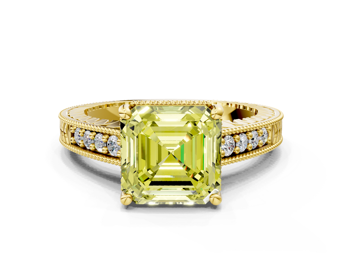 Yellow gold Fancy Yellow Asscher  Solitaire Pavé Diamond Milgrain Engagement Ring with Four-Prong Setting