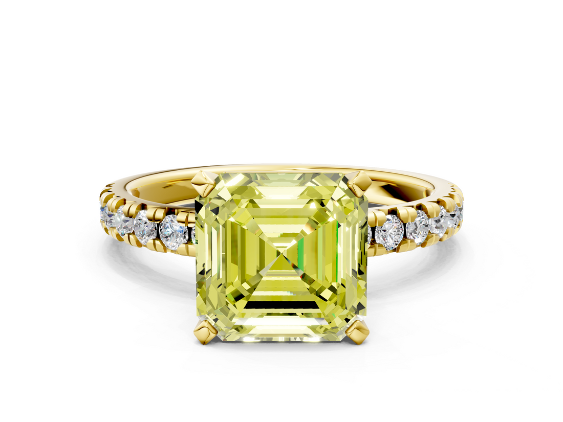 Yellow gold Fancy Yellow Asscher  Solitaire Pave Diamond Engagement Ring with Four-Prong Setting