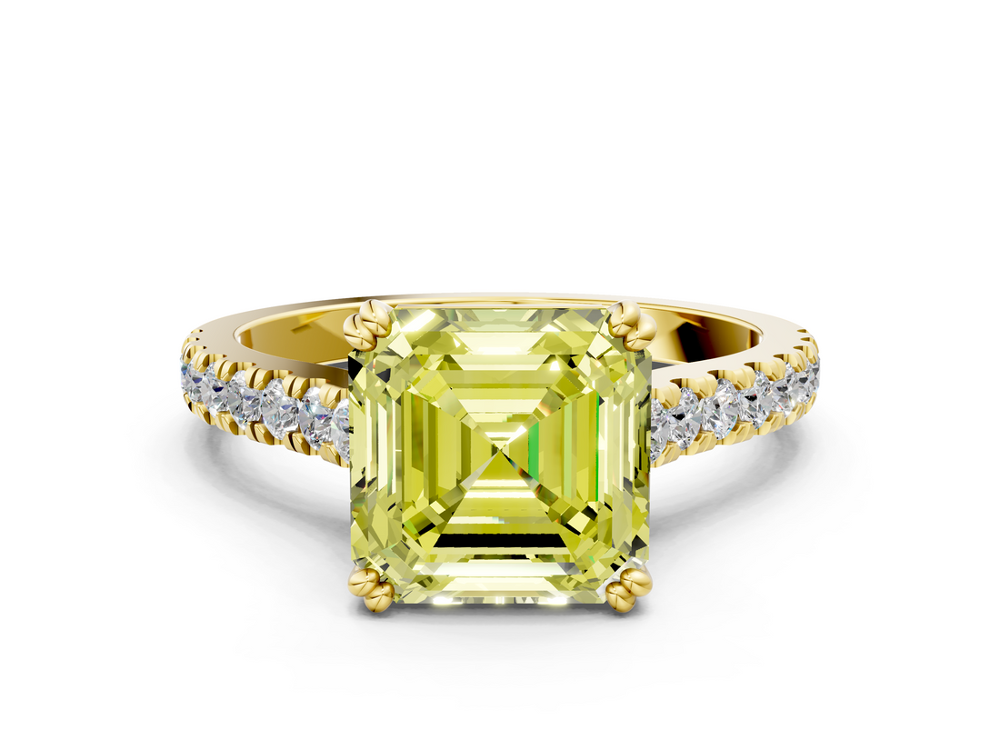 Yellow gold Fancy Yellow Asscher  Solitaire Pave Diamond Engagement Ring with Prong Setting_23