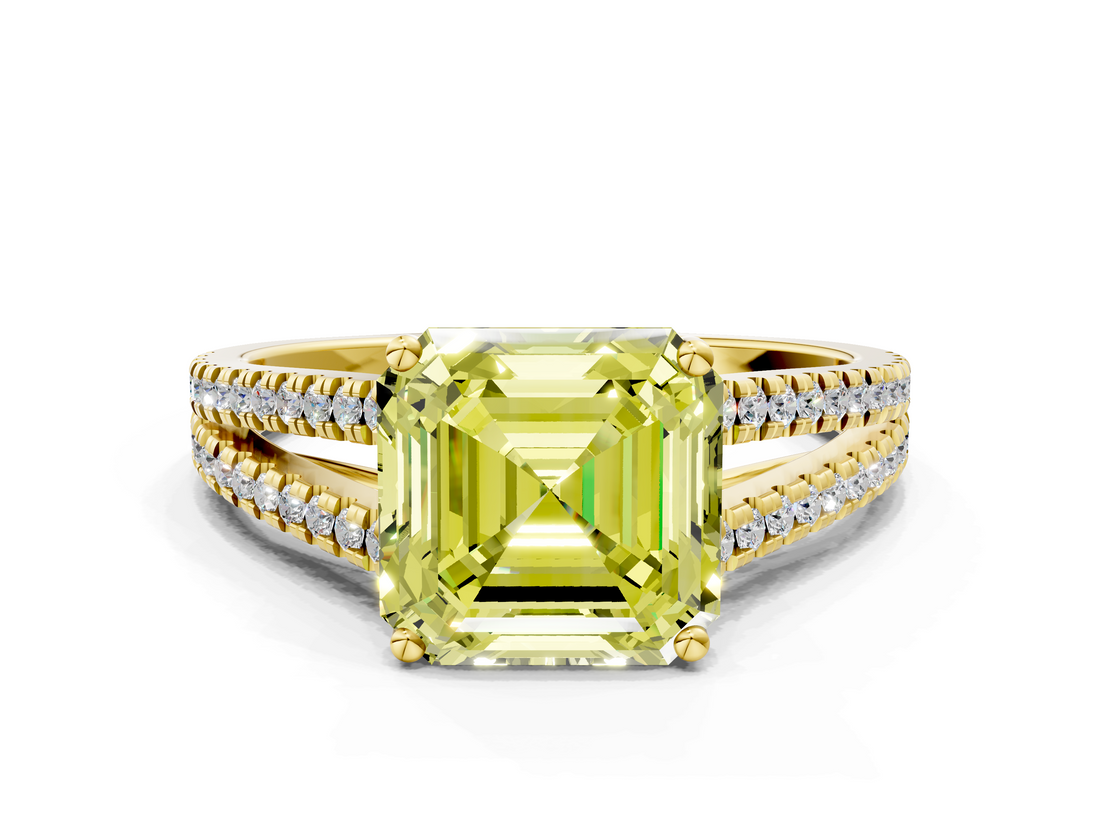 Yellow gold Fancy Yellow Asscher  Solitaire Split Shank Pavé Diamond Engagement Ring_34