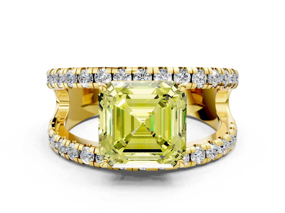 Yellow gold Fancy Yellow Asscher  Solitaire Split Shank Pave Diamond Ring_41