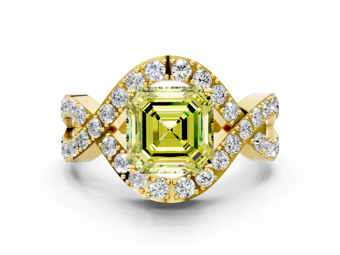Yellow gold Fancy Yellow Asscher  Solitaire Twist Band Pavé Diamond Engagement Ring_15